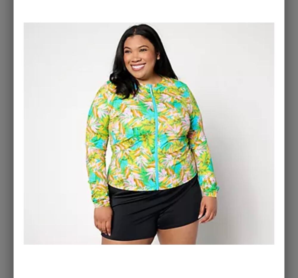 Kim Gravel x Swimsuits For All Zip-Front Swim Cardigan Caribbean palms Sz 12